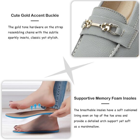 Kordal Women's Light Grey Leather Gold Accent Buckle Slip-Ons Walking Loafers - Picture 4 of 9